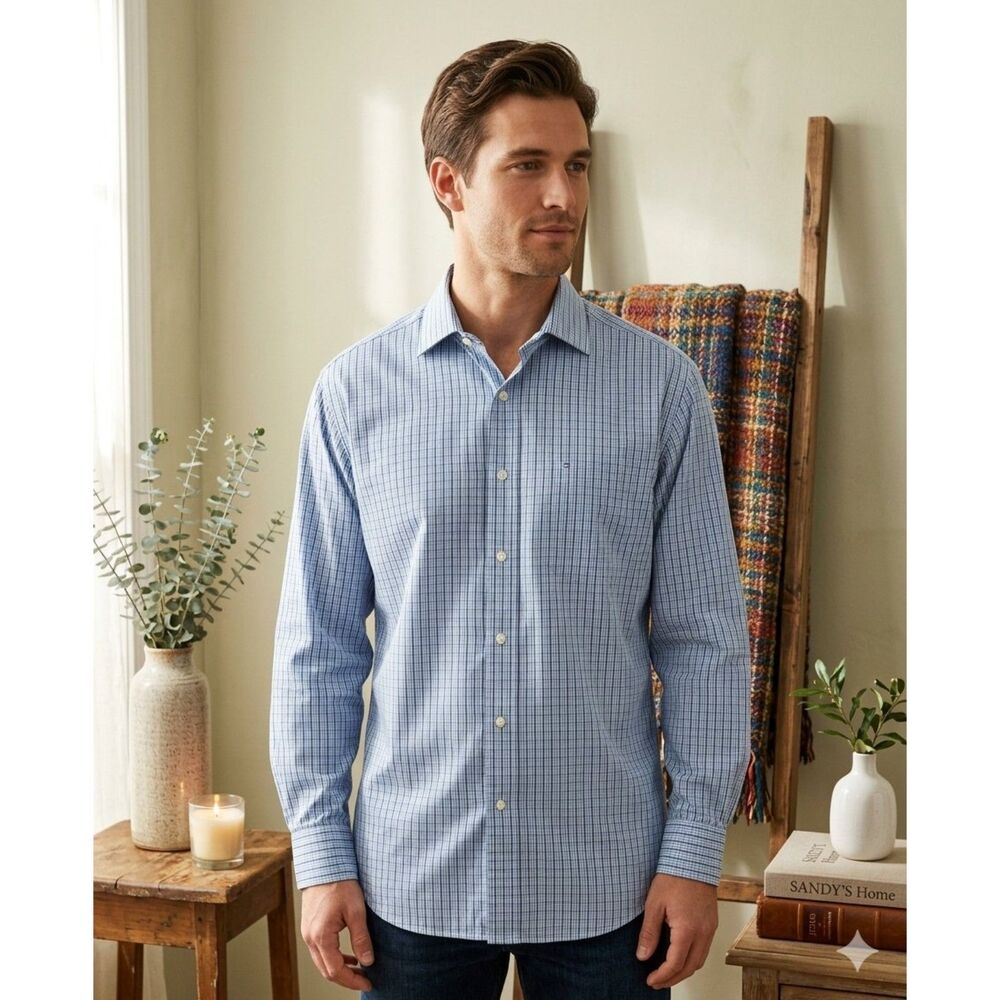 Tommy Hilfiger Mens L Blue Green White Plaid Button Down Shirt Cotton
